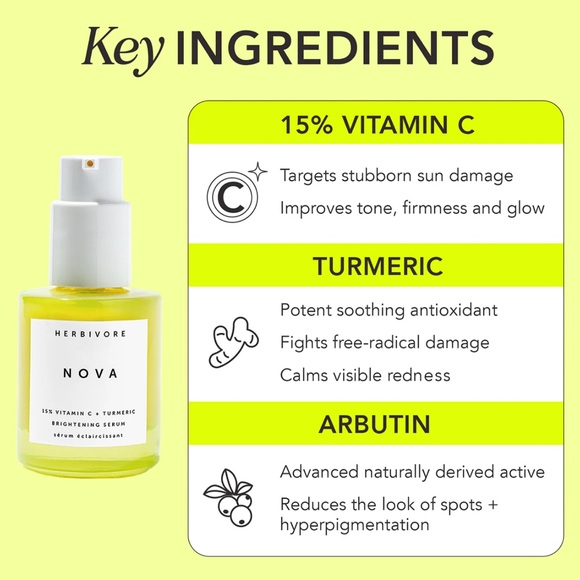 $12❤️‍🔥 Herbivore Botanicals NOVA 15% Vitamin C + Turmeric Brightening Serum - Picture 6 of 8